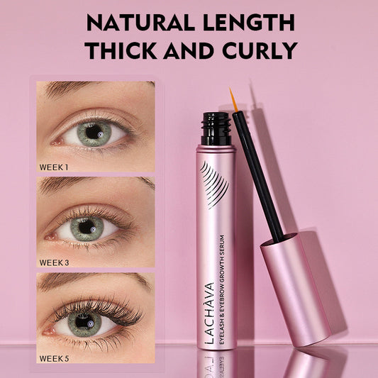 Eyelash serum with before-and-after effects on eyes on a pink background