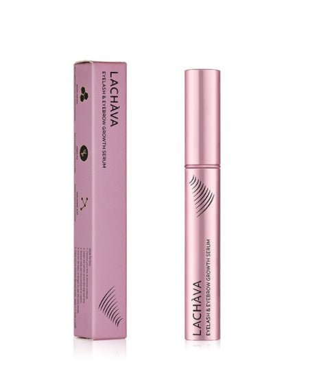 Lachava eyelash and eyebrow growth serum with packaging on a white background