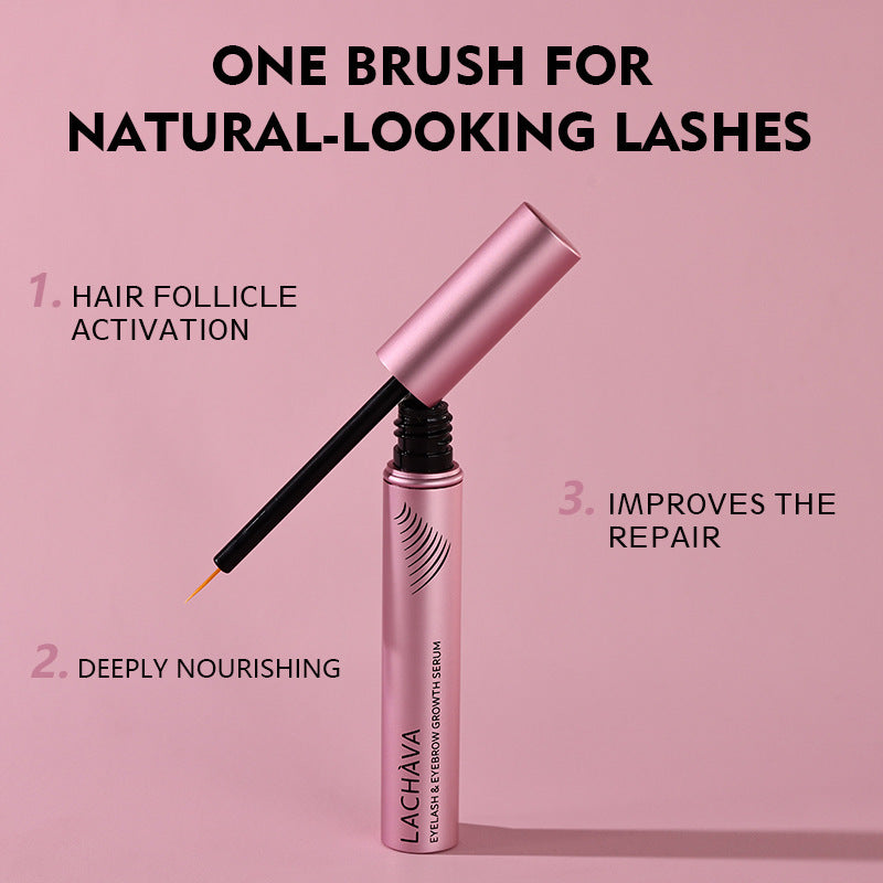 Lash serum with applicator on a pink background, featuring text about its benefits.