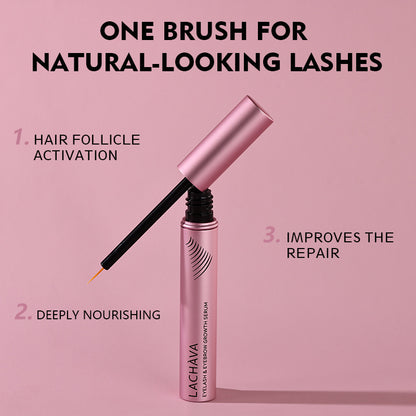 Lash serum with applicator on a pink background, featuring text about its benefits.
