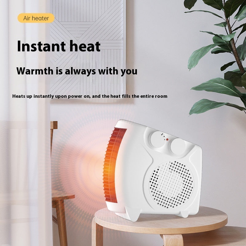Air heater on a table with text about instant heat and room coverage