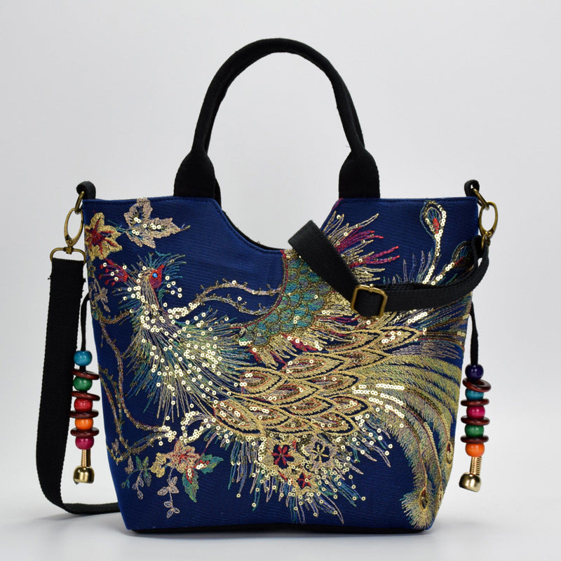 Peacock Embroidery Canvas Handbag – Artistic & Elegant Style Canvas peacock embroidery small handbag | Ectron Online