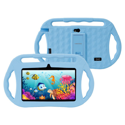 A pink 7 inch children's tablet pc with a cartoon image on the screen, shown from multiple angles including the back.
