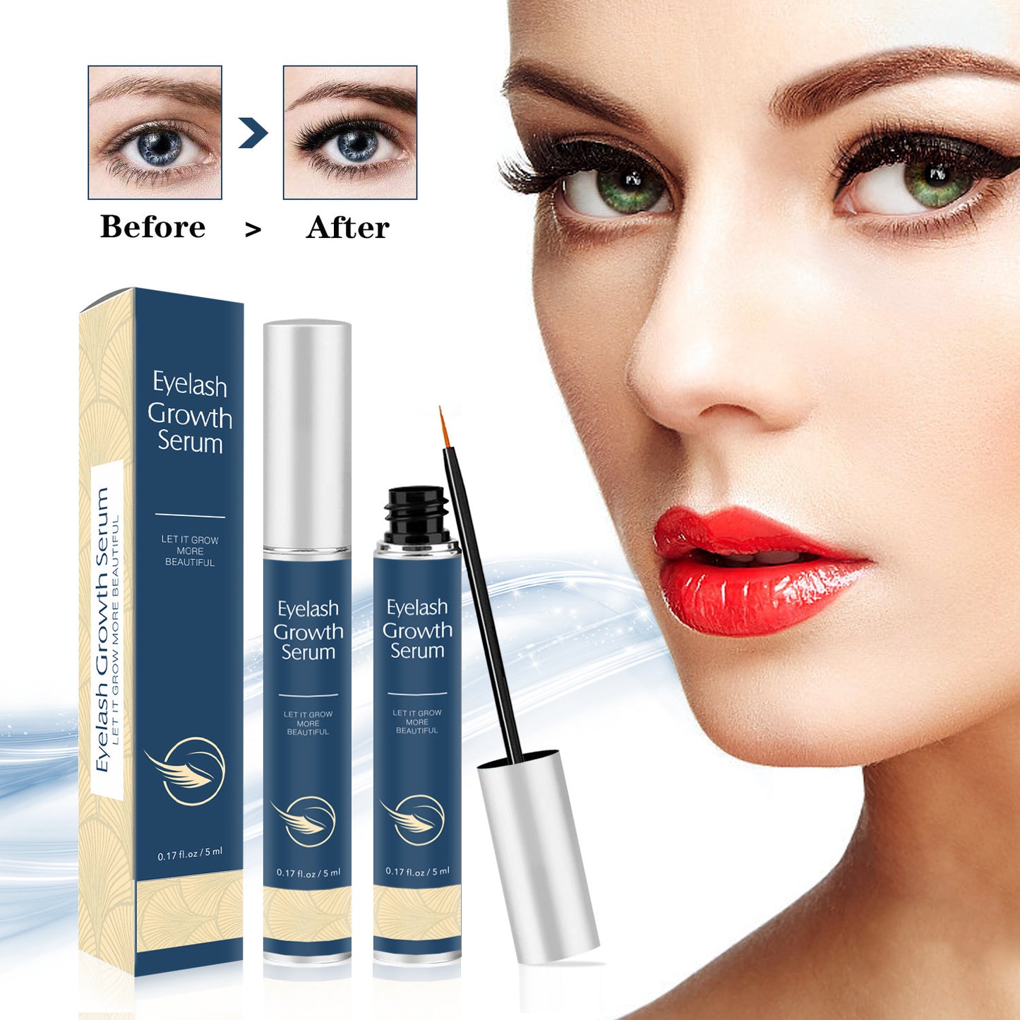 Eyelash growth serum with packaging and a before-and-after comparison of eyes.