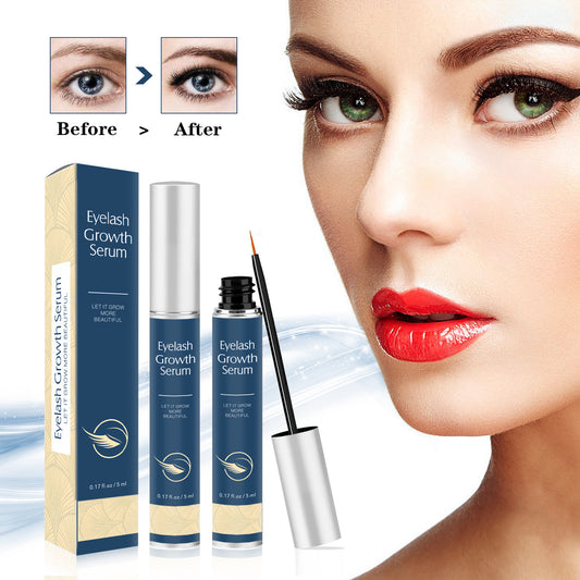 Eyelash growth serum with packaging and a before-and-after comparison of eyes.