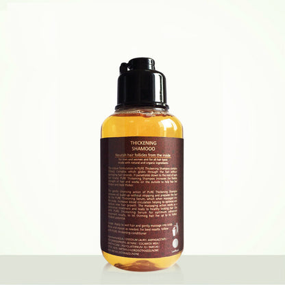 Bottle of thickening shampoo with label on a white background