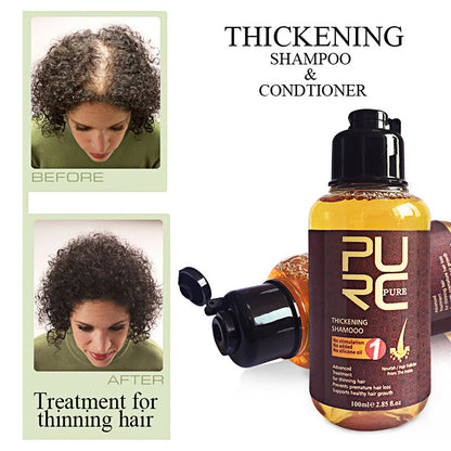Bottle of PURC Pure thickening shampoo with 'Before' and 'After' hair comparison on a white background