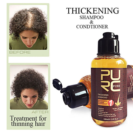 Bottle of PURC Pure thickening shampoo with 'Before' and 'After' hair comparison on a white background