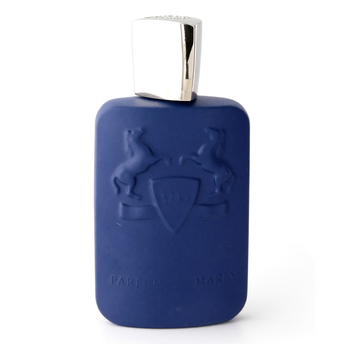 Blue glass men’s perfume bottle with silver cap, embossed crest and figures