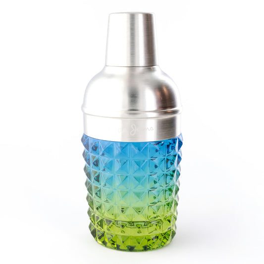 Men's EDT spray bottle tester with faceted blue-green-yellow design and silver cap