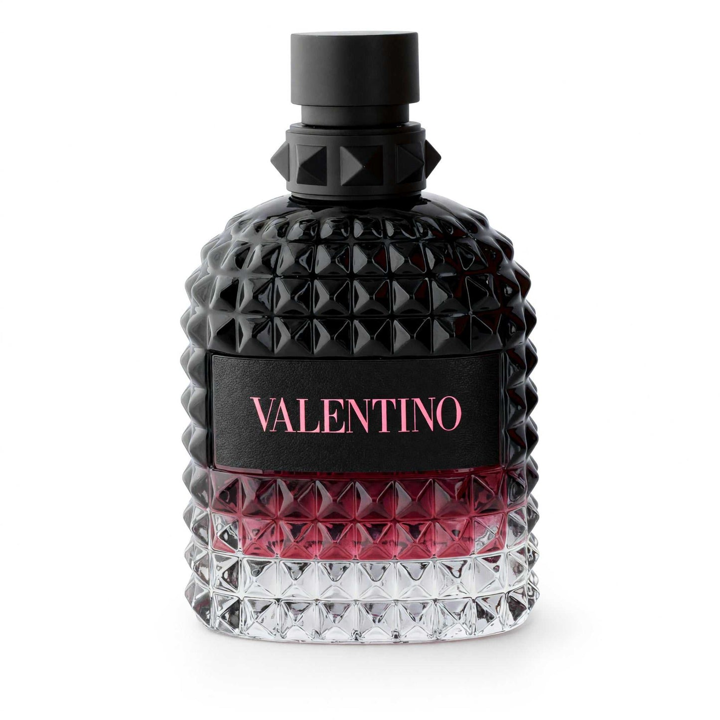 Men's EDP tester bottle with black faceted glass, black cap, and red Valentino label