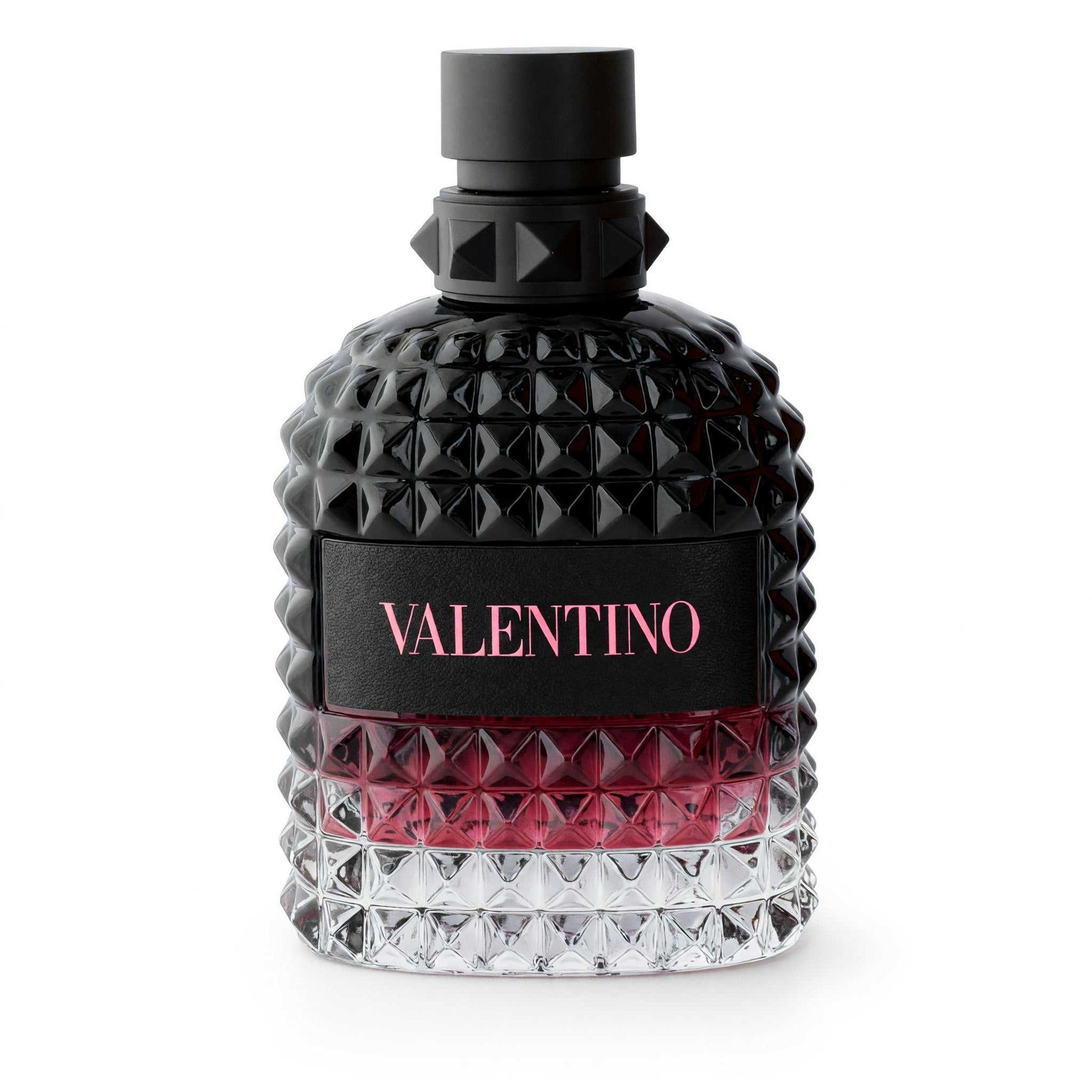 Men's EDP tester bottle with black faceted glass, black cap, and red Valentino label