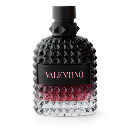 Men's EDP tester bottle with black faceted glass, black cap, and red Valentino label