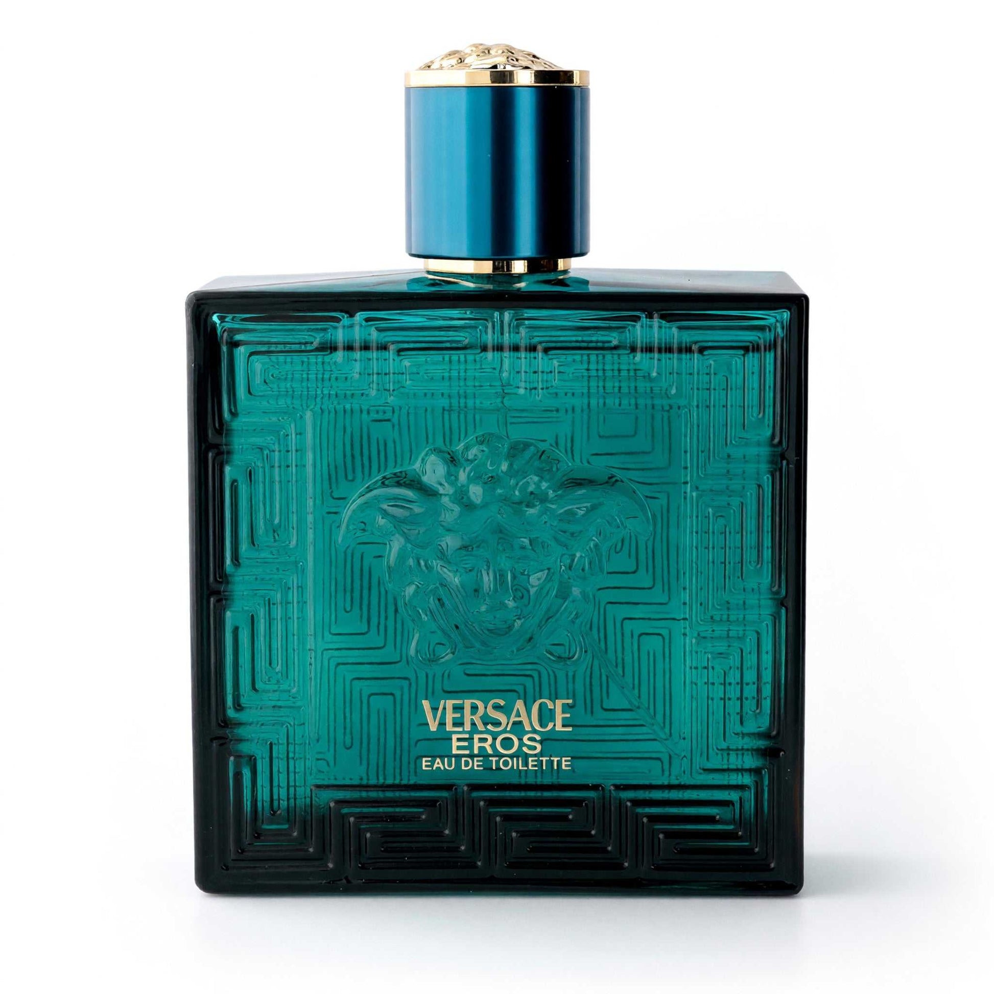 Versace Eros men's eau de toilette spray bottle, teal embossed glass with gold cap