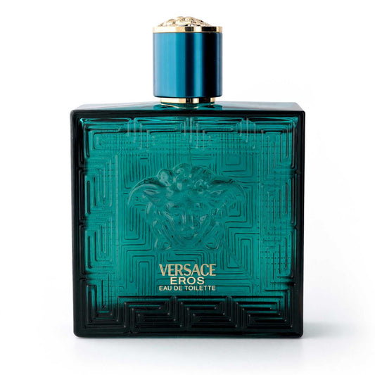 Versace Eros men's eau de toilette spray bottle, teal embossed glass with gold cap