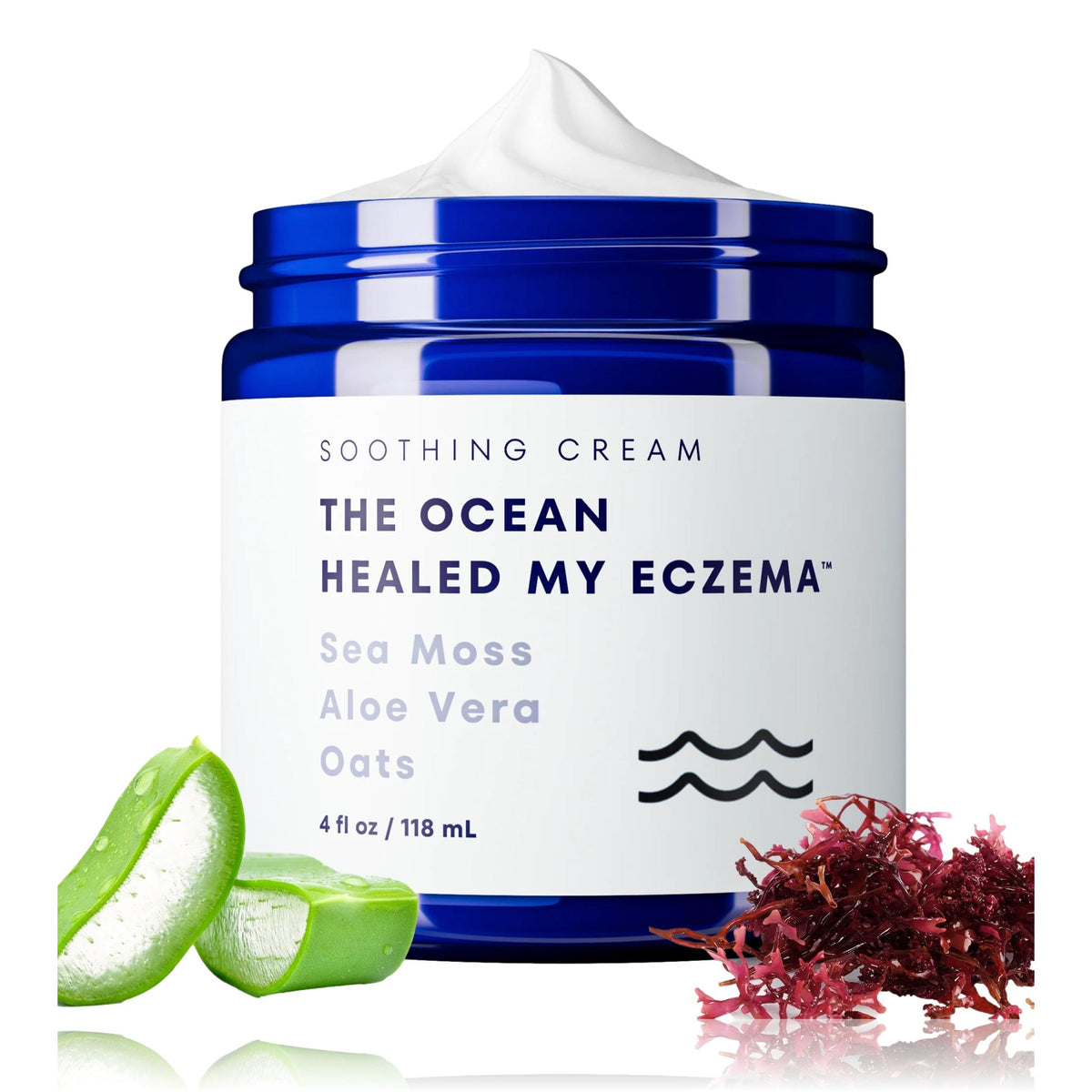 HBTO soothing cream in a blue 4 oz jar labeled The Ocean Healed My Eczema
