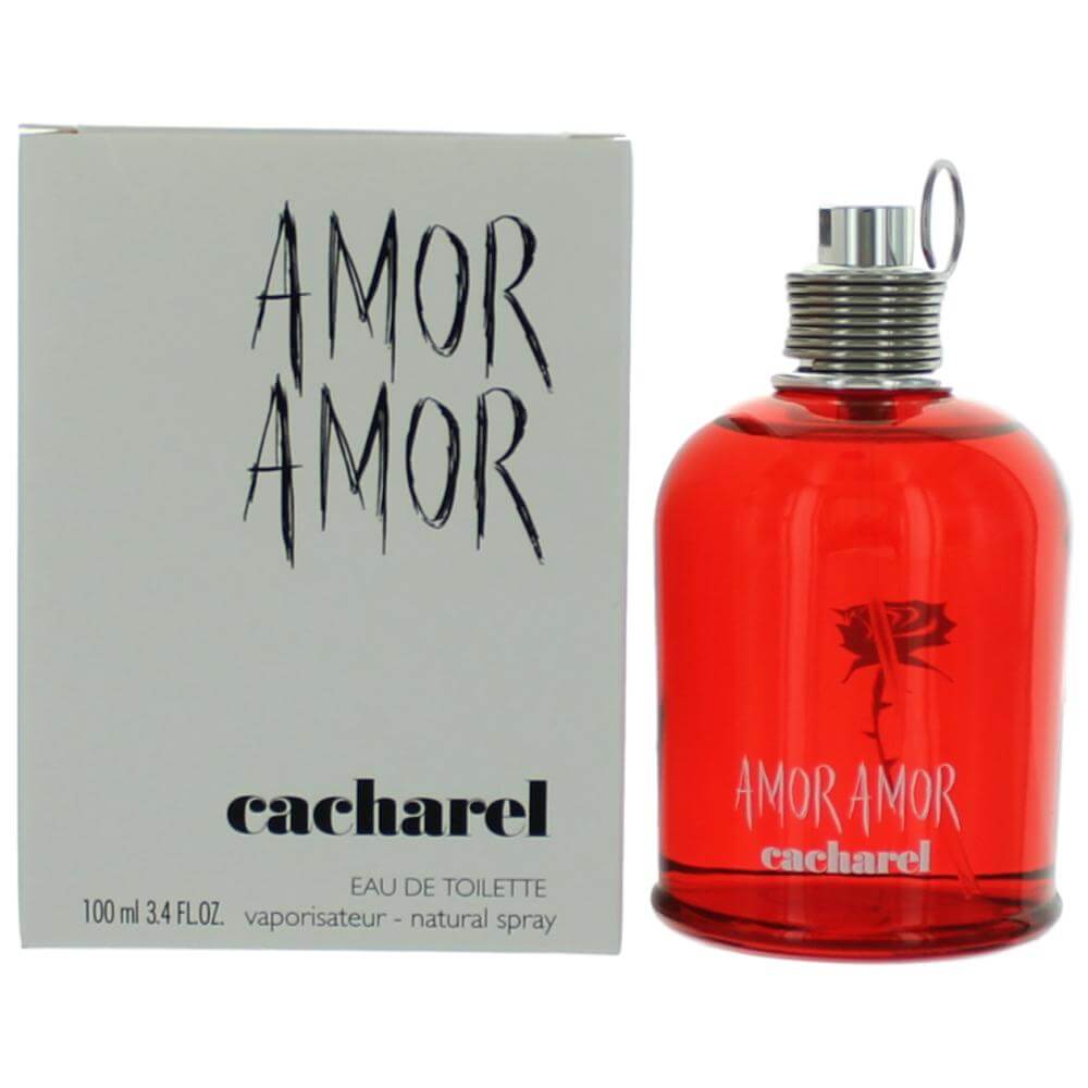 Women’s red EDT spray bottle with AMOR AMOR label and matching perfume box