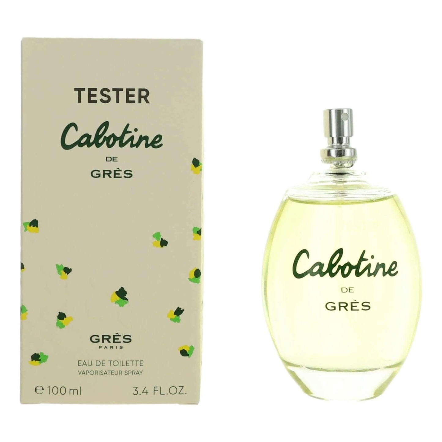 Perfume tester EDT spray with Cabotine label on clear glass bottle and beige box