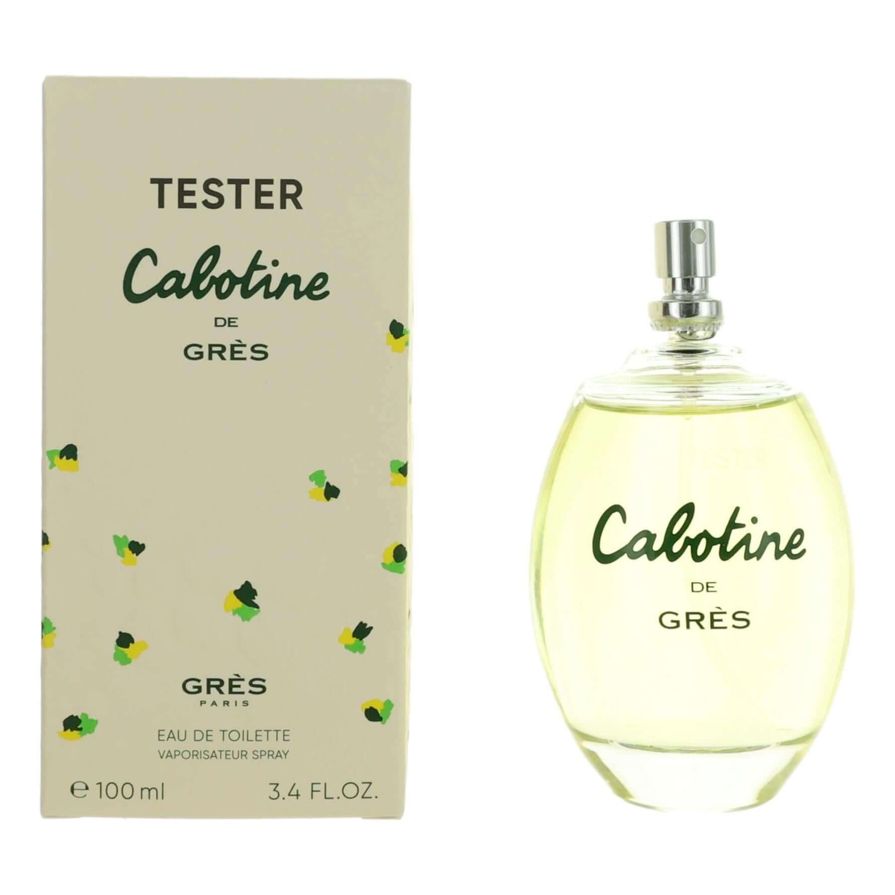 Perfume tester EDT spray with Cabotine label on clear glass bottle and beige box
