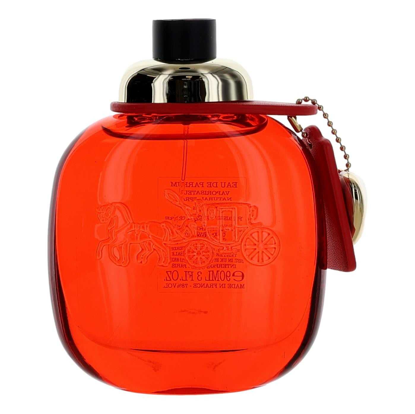 Red glass perfume bottle with black cap and hinged spray handle, 3 oz EDP tester