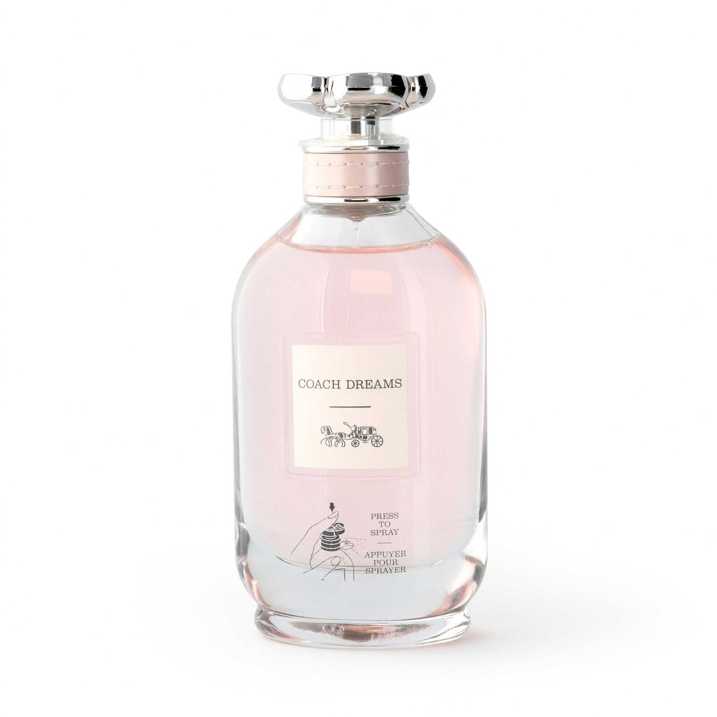 Women's Coach Dreams EDP spray bottle with pink glass and silver atomizer cap