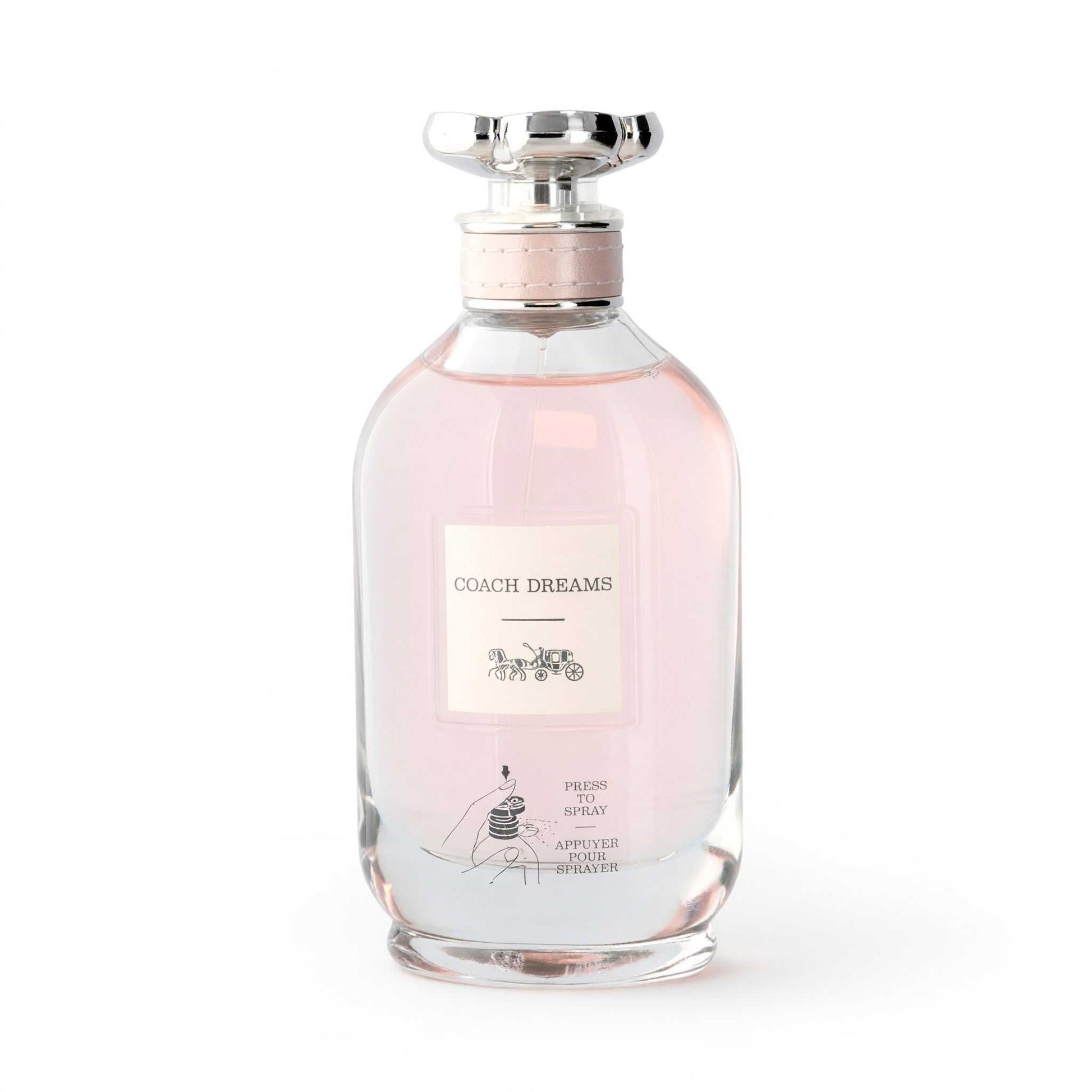 Women's Coach Dreams EDP spray bottle with pink glass and silver atomizer cap