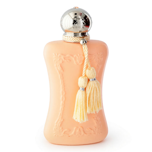 Peach embossed perfume bottle with silver cap and gold tassel, EDP spray tester