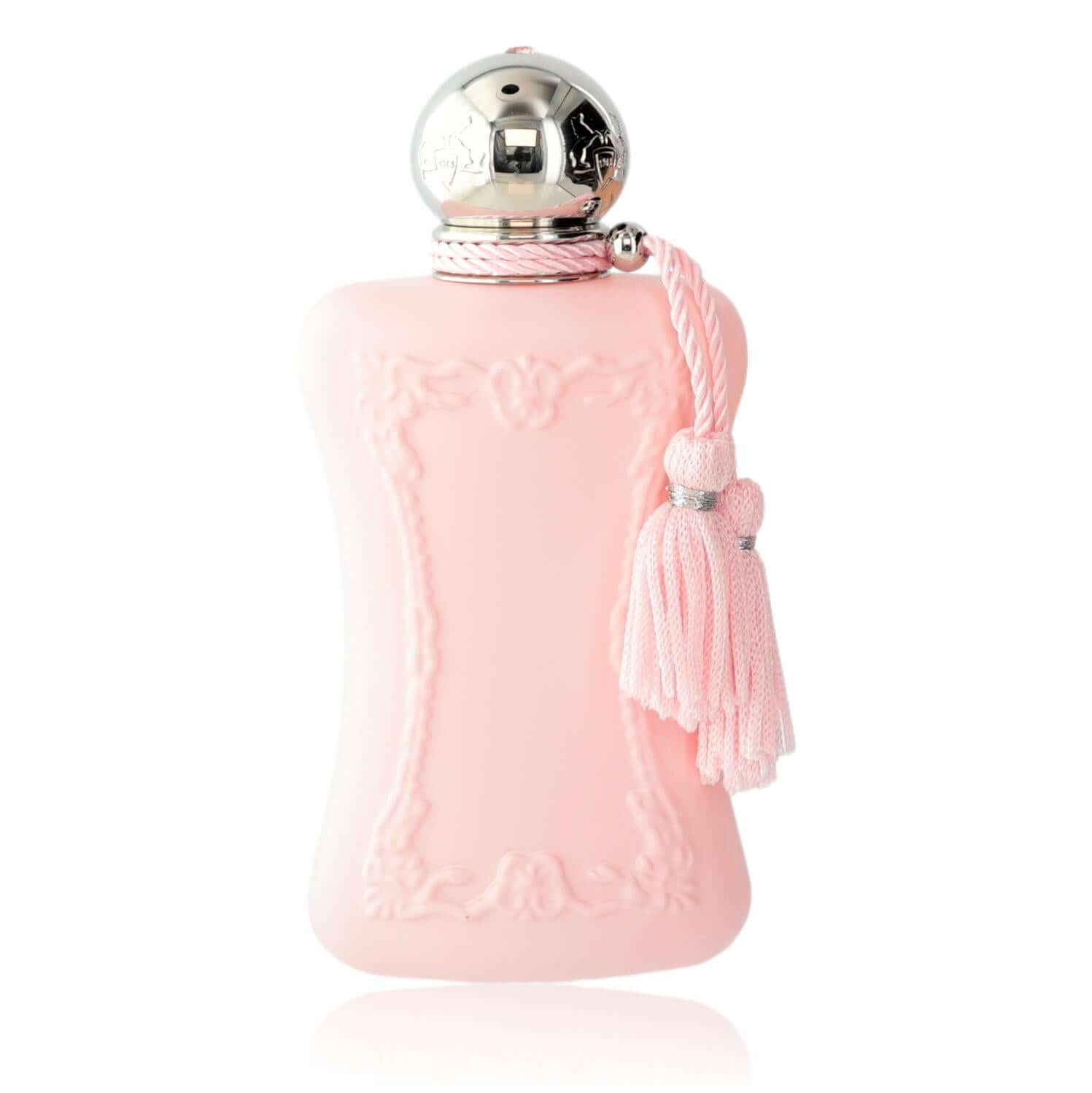 Pink glass perfume bottle with silver cap and braided tassel charm