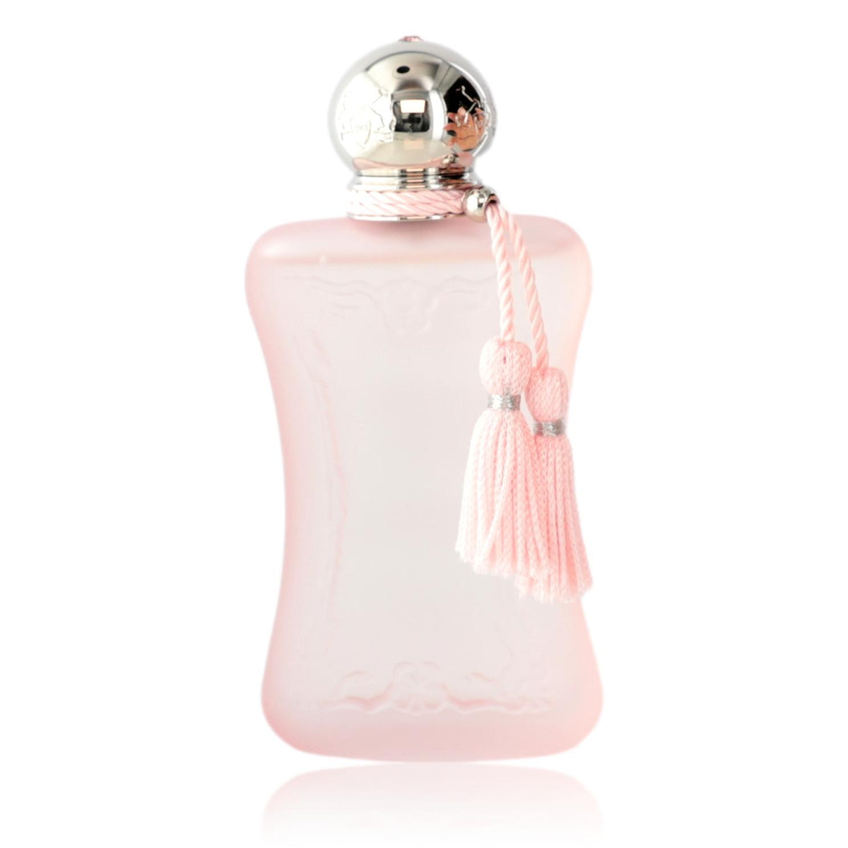 Pink glass perfume bottle with silver cap and hanging pink tassel