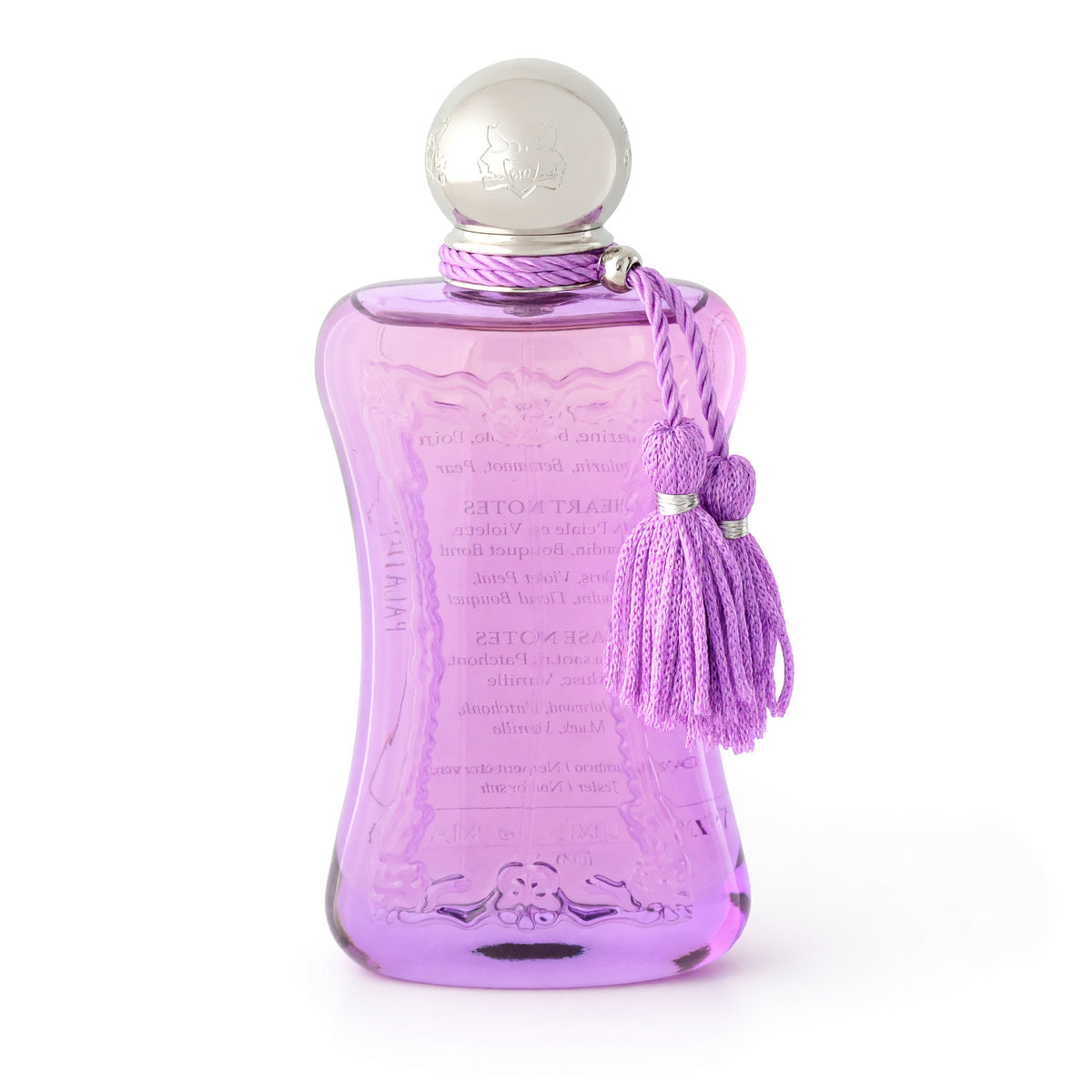 Palatine Eau de Parfum spray in a purple glass bottle with a silver cap and matching tassel