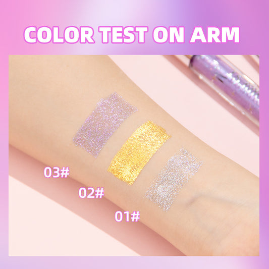 Color test swatches on an arm with glittery finishes labeled 01#, 02#, and 03#.