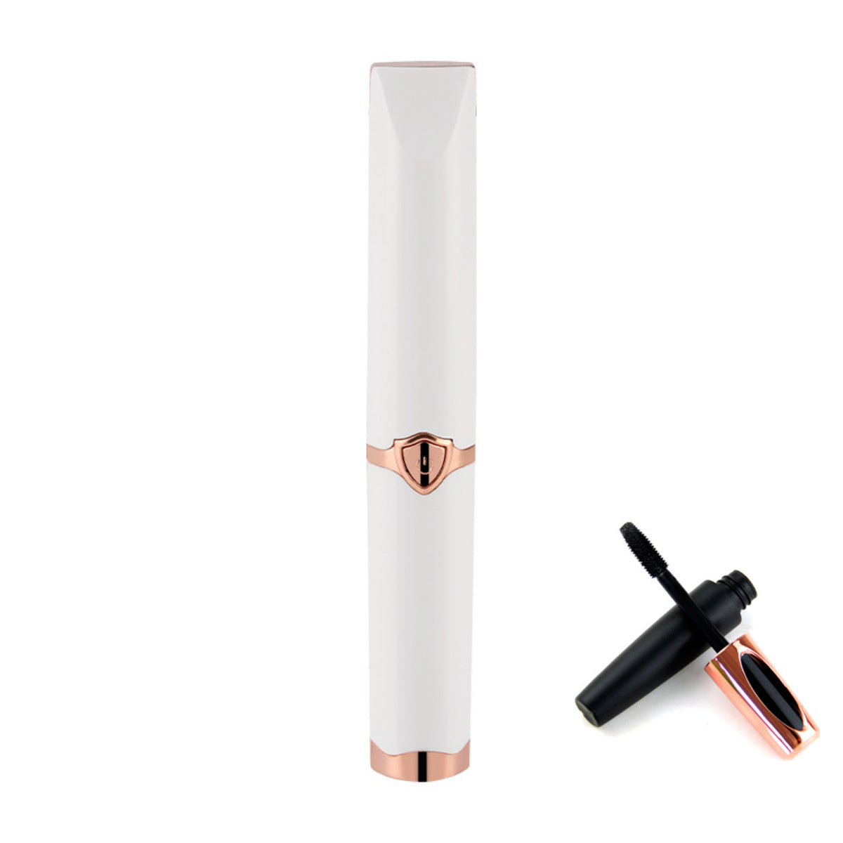 White and rose gold eyelash curler on a white background