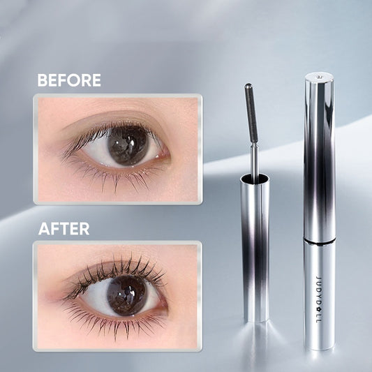 Eyelash serum with 'Before' and 'After' effect on eyes against a gray background
