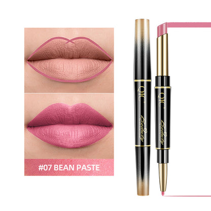 Lipstick with applicator and color swatch on a white background