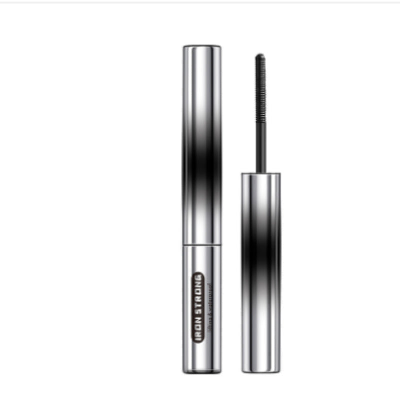 Mascara with a silver and black design on a white background
