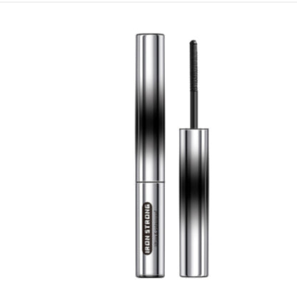 Mascara with a silver and black design on a white background