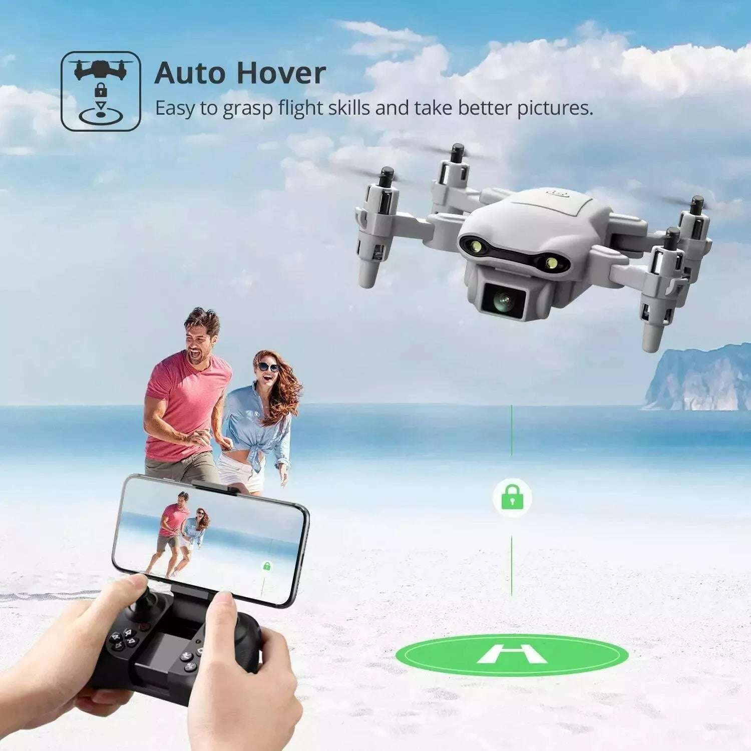 Drone with 'Auto Hover' feature being controlled by a person on a beach.