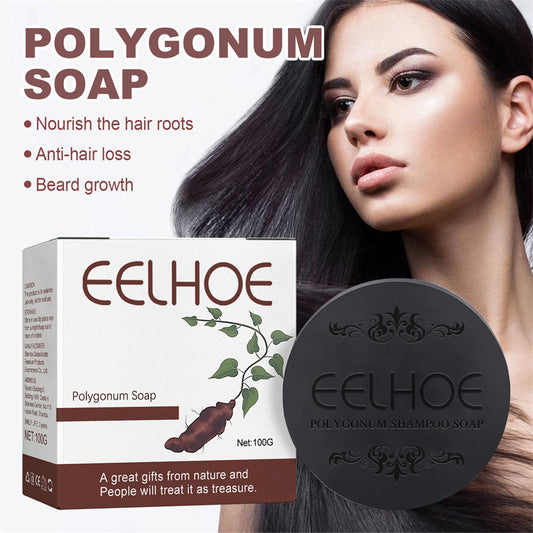 Eelhoe Polygonum Soap packaging with a woman and soap bar, highlighting benefits like nourishing hair roots and anti-hair loss.