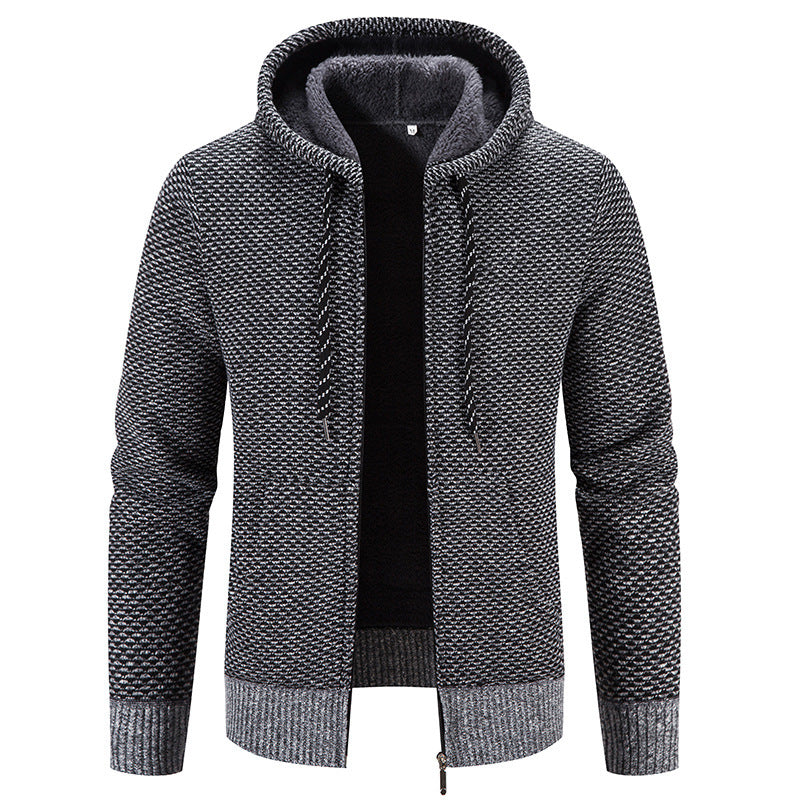 Dark heathered plush zip-front coat with drawstring hood and ribbed cuffs