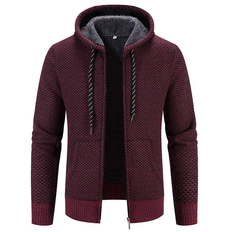 Burgundy plush zip-front coat with drawstring hood and ribbed hem