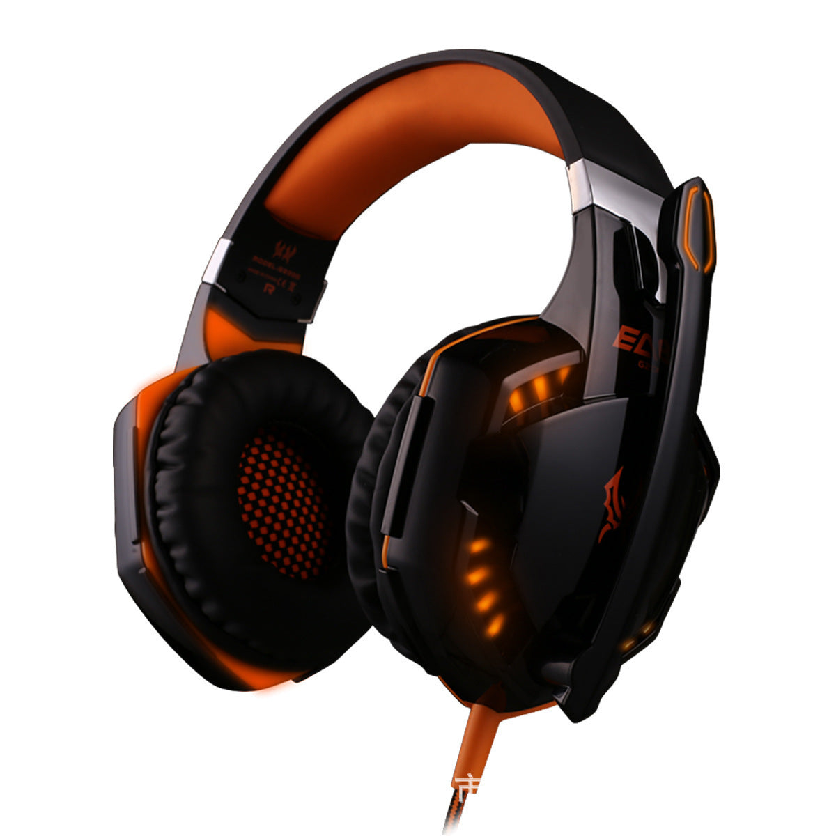 Black and orange gaming headset on a white background