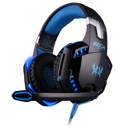 Black and blue gaming headset with LED lights on a white background