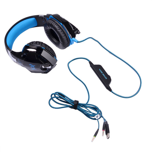 Black and blue gaming headset with a cable on a white background