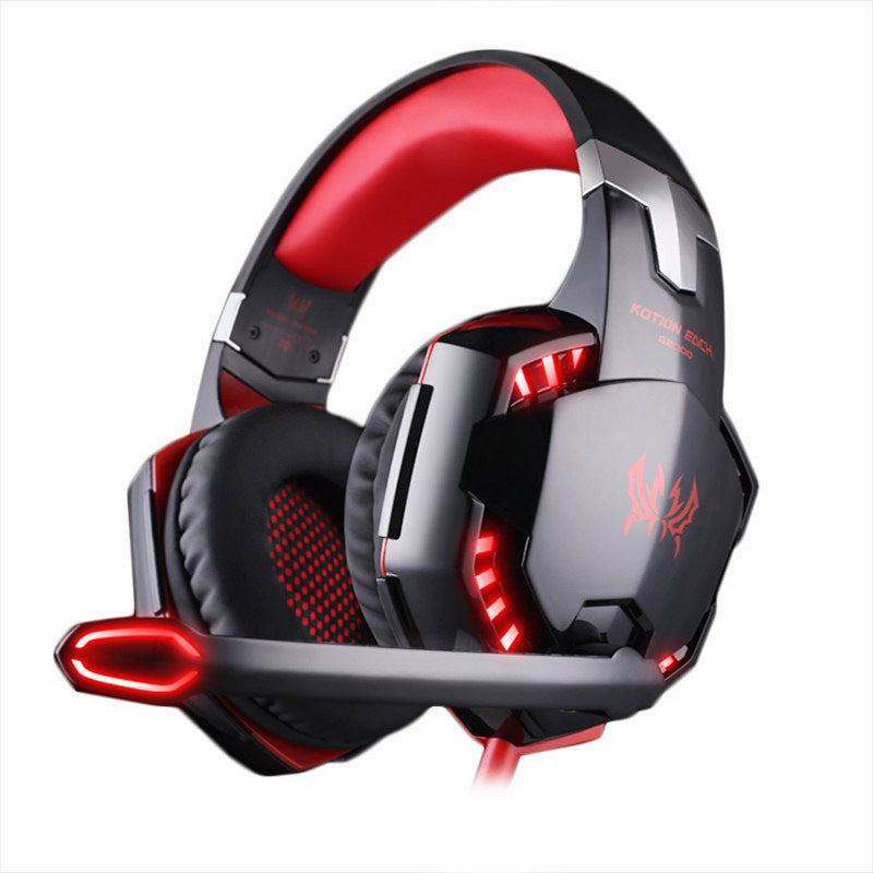 Black and red gaming headset with LED lights on a white background
