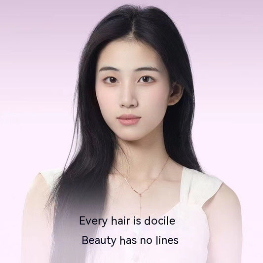 Woman with long black hair against a light pink background with text overlay.
