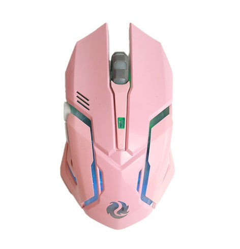 Wireless gaming mouse with blue LED lights, placed on a laptop, with a charging USB dongle beside it.